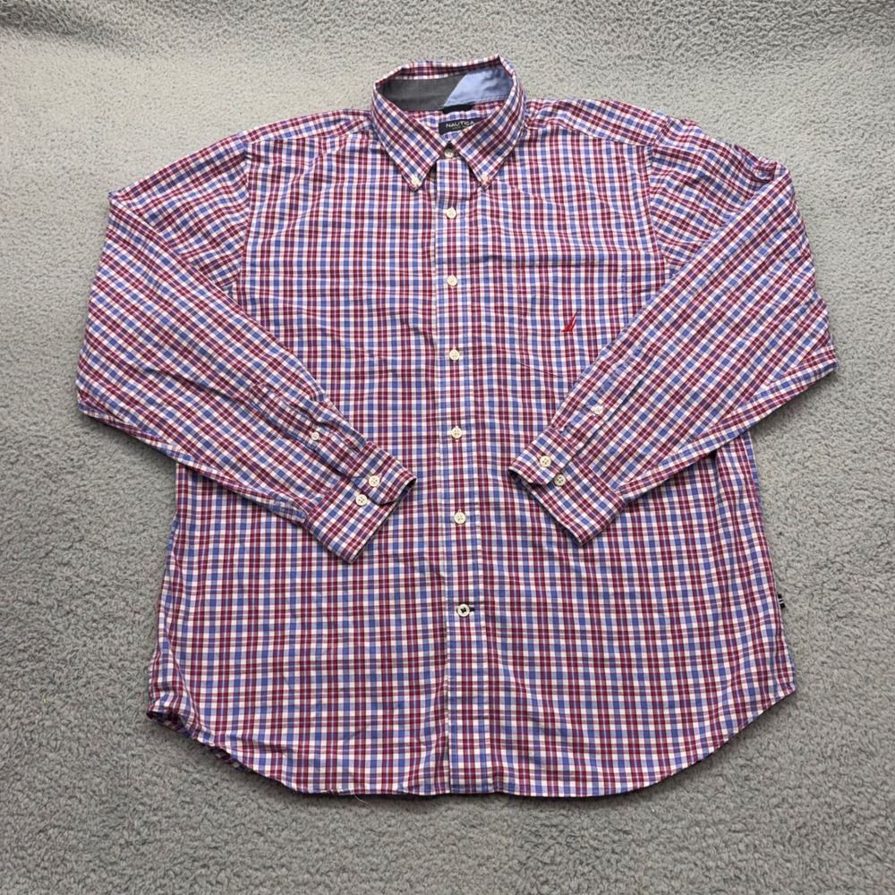 Nautica W31308 Mens Size XL Red Blue Plaid A Bit Trimmer Fit Button Down Shirt